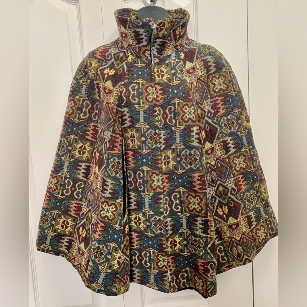 Glamour Originals New York Funnel Weave Tapestry Jacquard Cape Cloak Jacket Zip